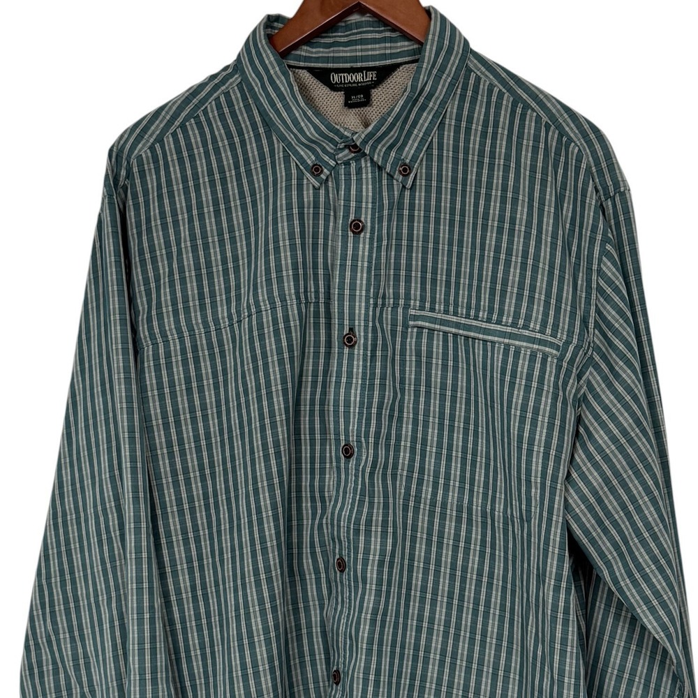 Outdoor Life Button Front Fishing Shirt Mens XL Green Plaid Ventilated Hiking